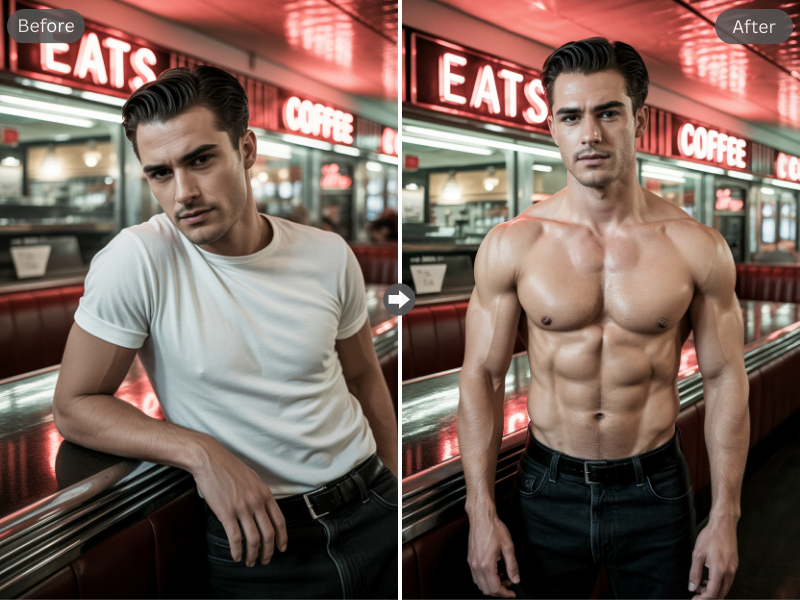 AI body editor transformation before and after - male muscle enhancement example